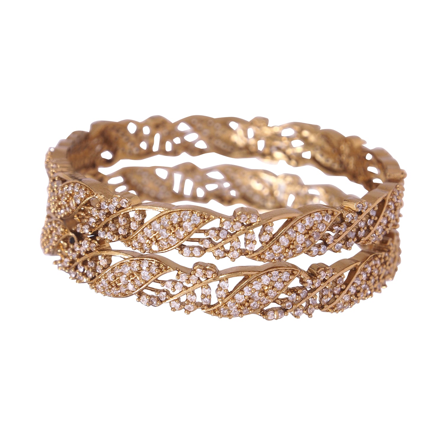 Orna Elegant Victorian-Plated Leaf Design Bangles with Sparkling AD Stones