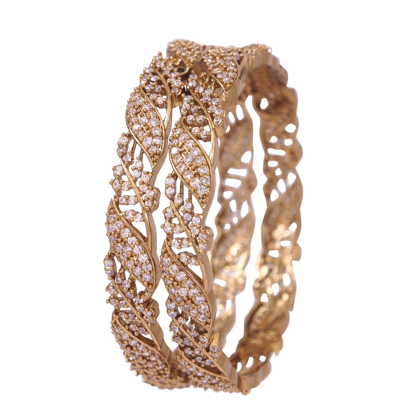 Orna Elegant Victorian-Plated Leaf Design Bangles with Sparkling AD Stones