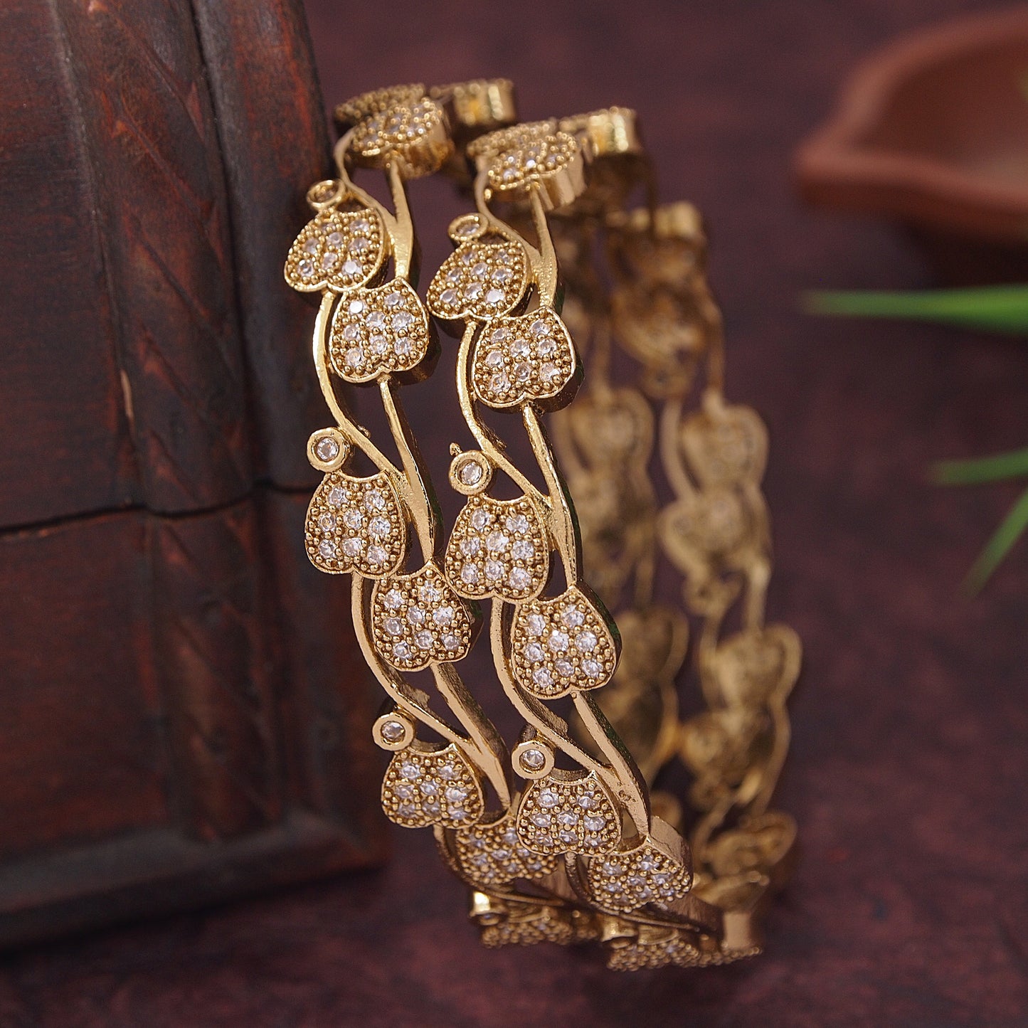 Orna Designer Victorian-Plated American Diamond Heart Motif Bangles