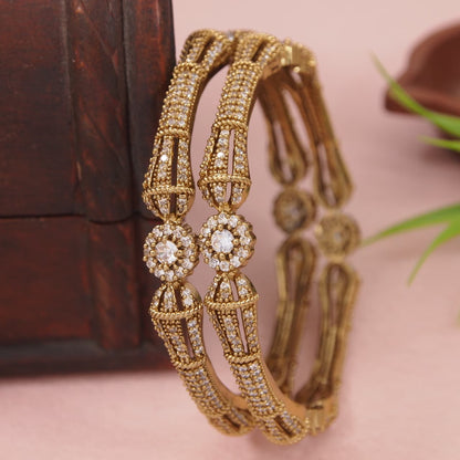 Orna Victorian-Plated Designer Mehandi Finish Antique Gold Bangles with CZ Stones – Set of 2