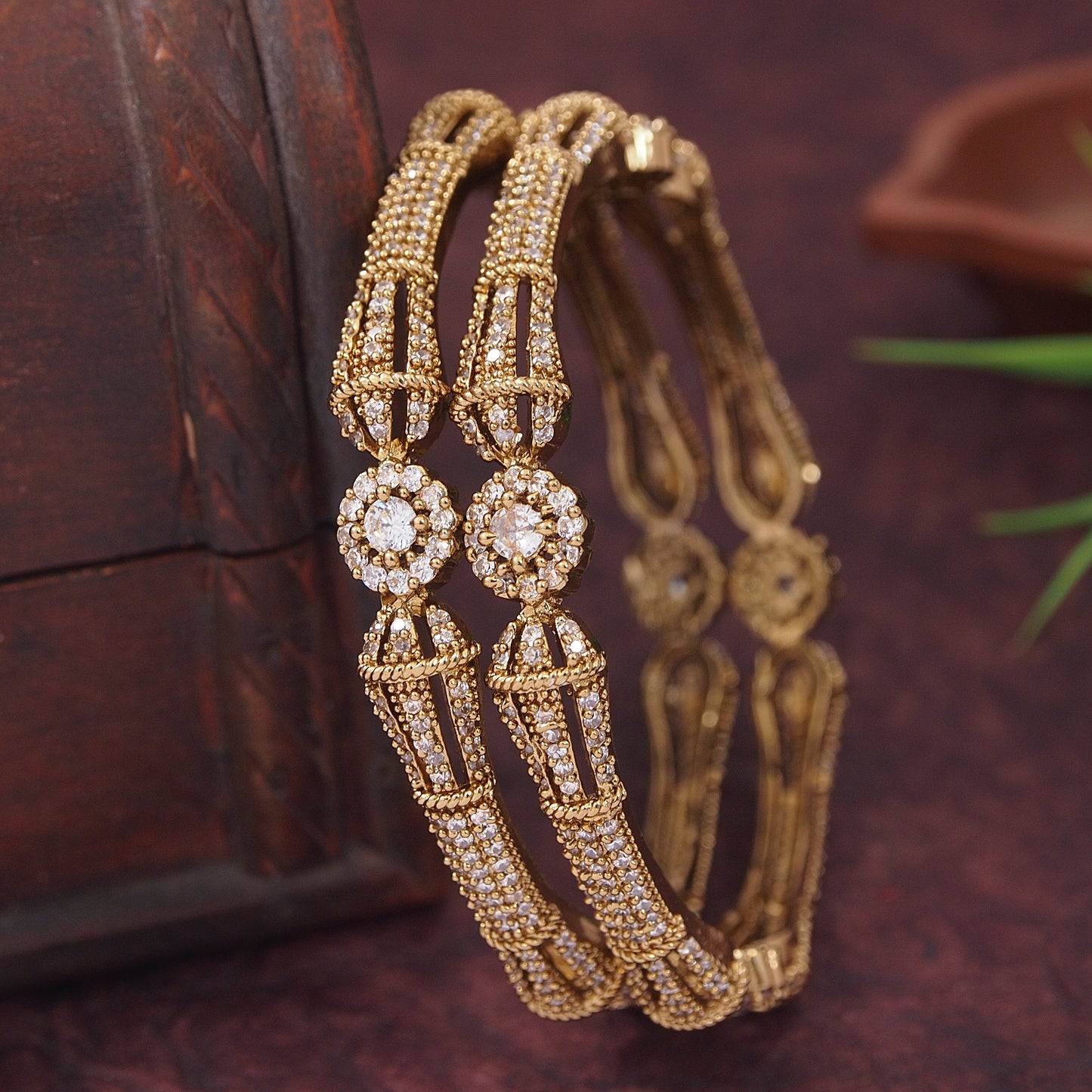 Orna Victorian-Plated Designer Mehandi Finish Antique Gold Bangles with CZ Stones – Set of 2
