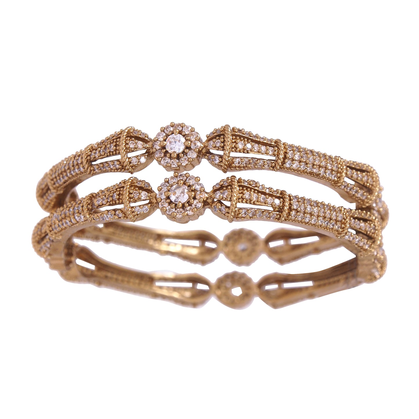 Orna Victorian-Plated Designer Mehandi Finish Antique Gold Bangles with CZ Stones – Set of 2