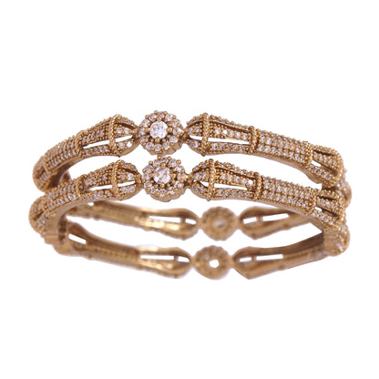 Orna Victorian-Plated Designer Mehandi Finish Antique Gold Bangles with CZ Stones – Set of 2