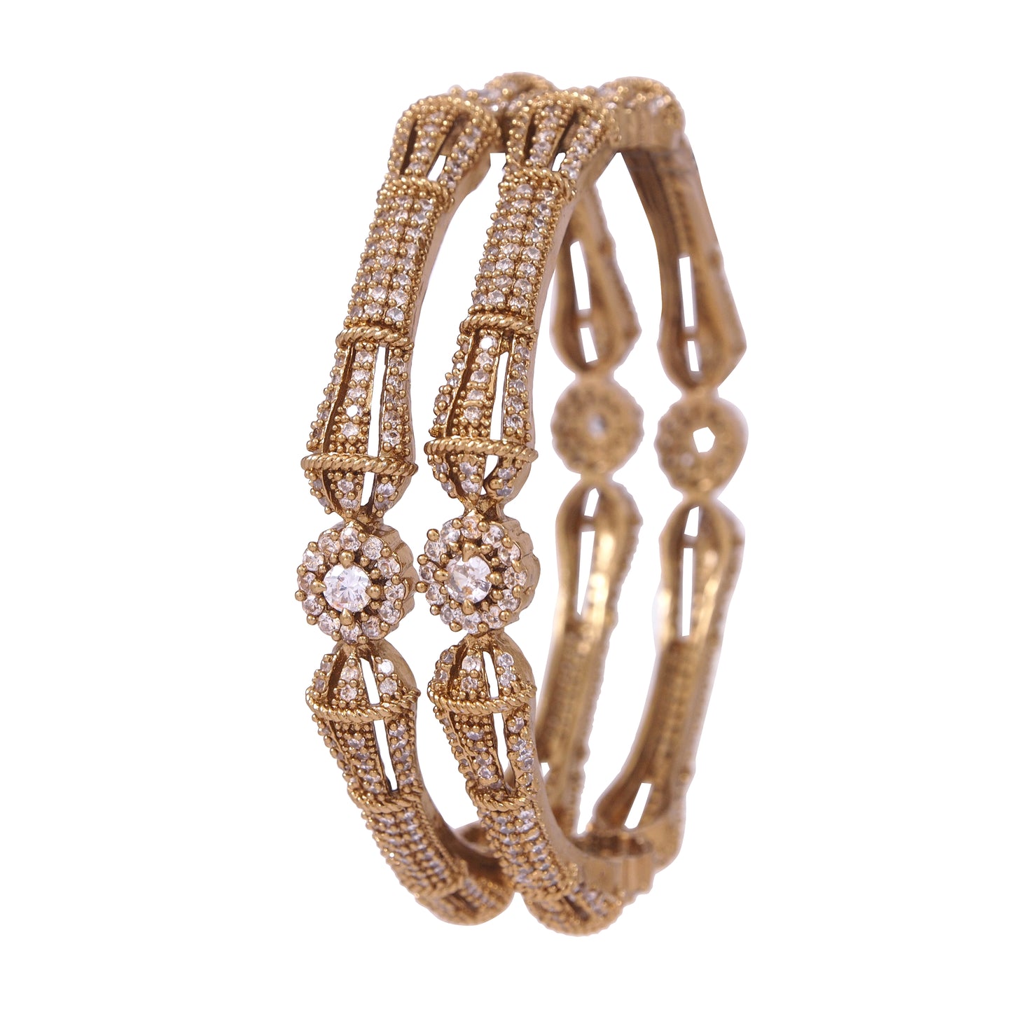 Orna Victorian-Plated Designer Mehandi Finish Antique Gold Bangles with CZ Stones – Set of 2