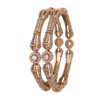 Orna Victorian-Plated Designer Mehandi Finish Antique Gold Bangles with CZ Stones – Set of 2