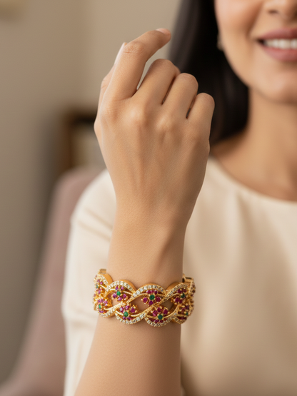 Elegant Gold-Plated Floral Design Bangles with Ruby & Green Stones for Women
