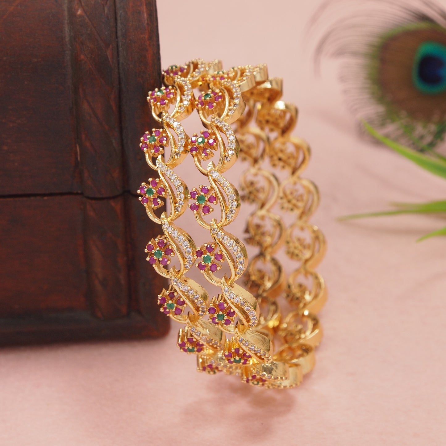 Elegant Gold-Plated Floral Design Bangles with Ruby & Green Stones for Women