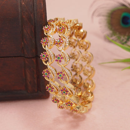 Elegant Gold-Plated Floral Design Bangles with Ruby & Green Stones for Women