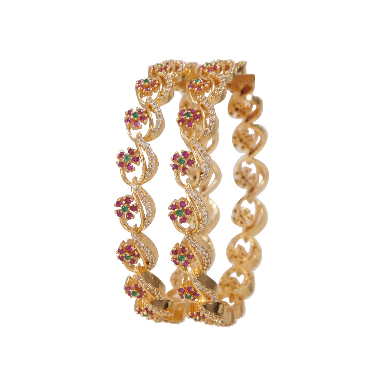 Elegant Gold-Plated Floral Design Bangles with Ruby & Green Stones for Women
