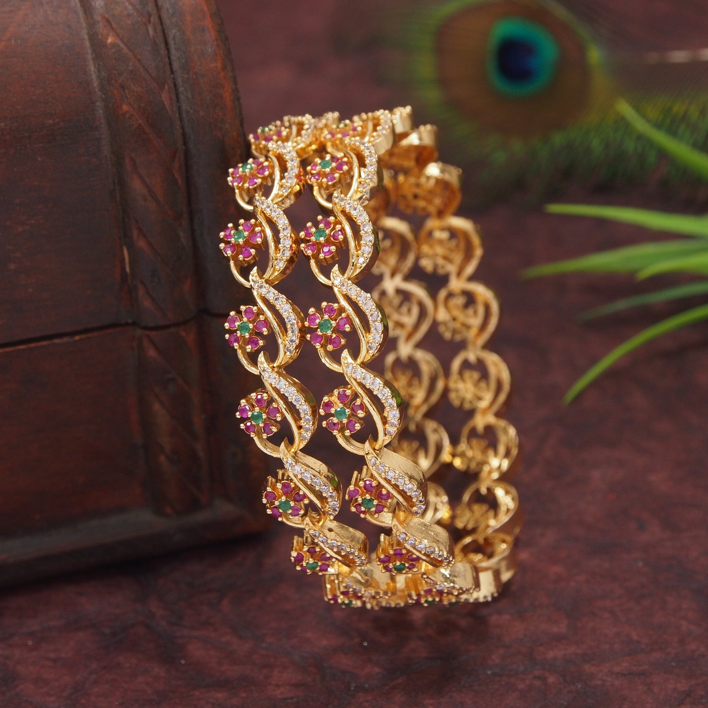 Elegant Gold-Plated Floral Design Bangles with Ruby & Green Stones for Women