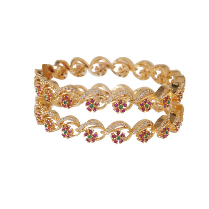 Elegant Gold-Plated Floral Design Bangles with Ruby & Green Stones for Women