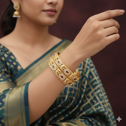 Orna Traditional Antique Gold-Plated Temple Design Bangles with Ruby & Green Stones for Women
