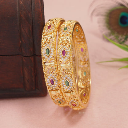 Orna Traditional Antique Gold-Plated Temple Design Bangles with Ruby & Green Stones for Women