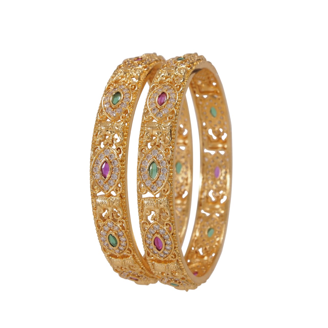 Orna Traditional Antique Gold-Plated Temple Design Bangles with Ruby & Green Stones for Women