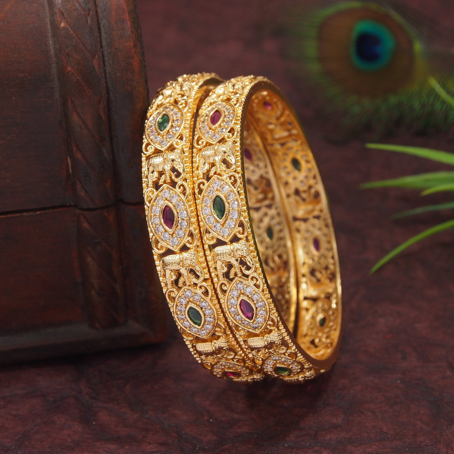 Orna Traditional Antique Gold-Plated Temple Design Bangles with Ruby & Green Stones for Women