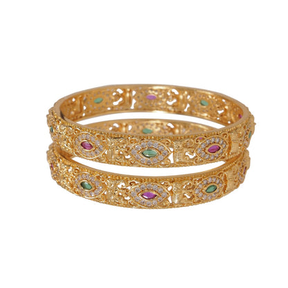 Orna Traditional Antique Gold-Plated Temple Design Bangles with Ruby & Green Stones for Women