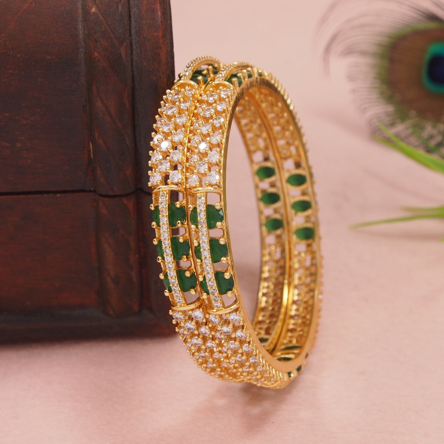 Orna Gold-Plated Sparkling Green Stone AD Bangles for Women