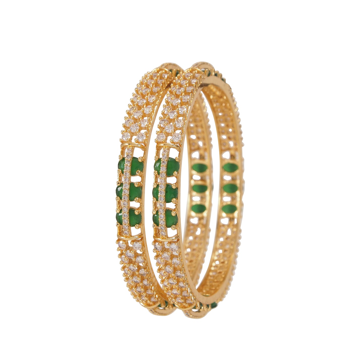 Orna Gold-Plated Sparkling Green Stone AD Bangles for Women