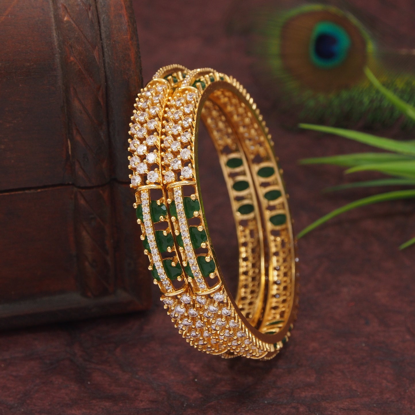 Orna Gold-Plated Sparkling Green Stone AD Bangles for Women