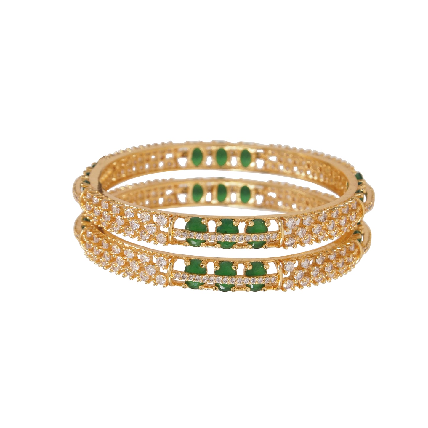 Orna Gold-Plated Sparkling Green Stone AD Bangles for Women