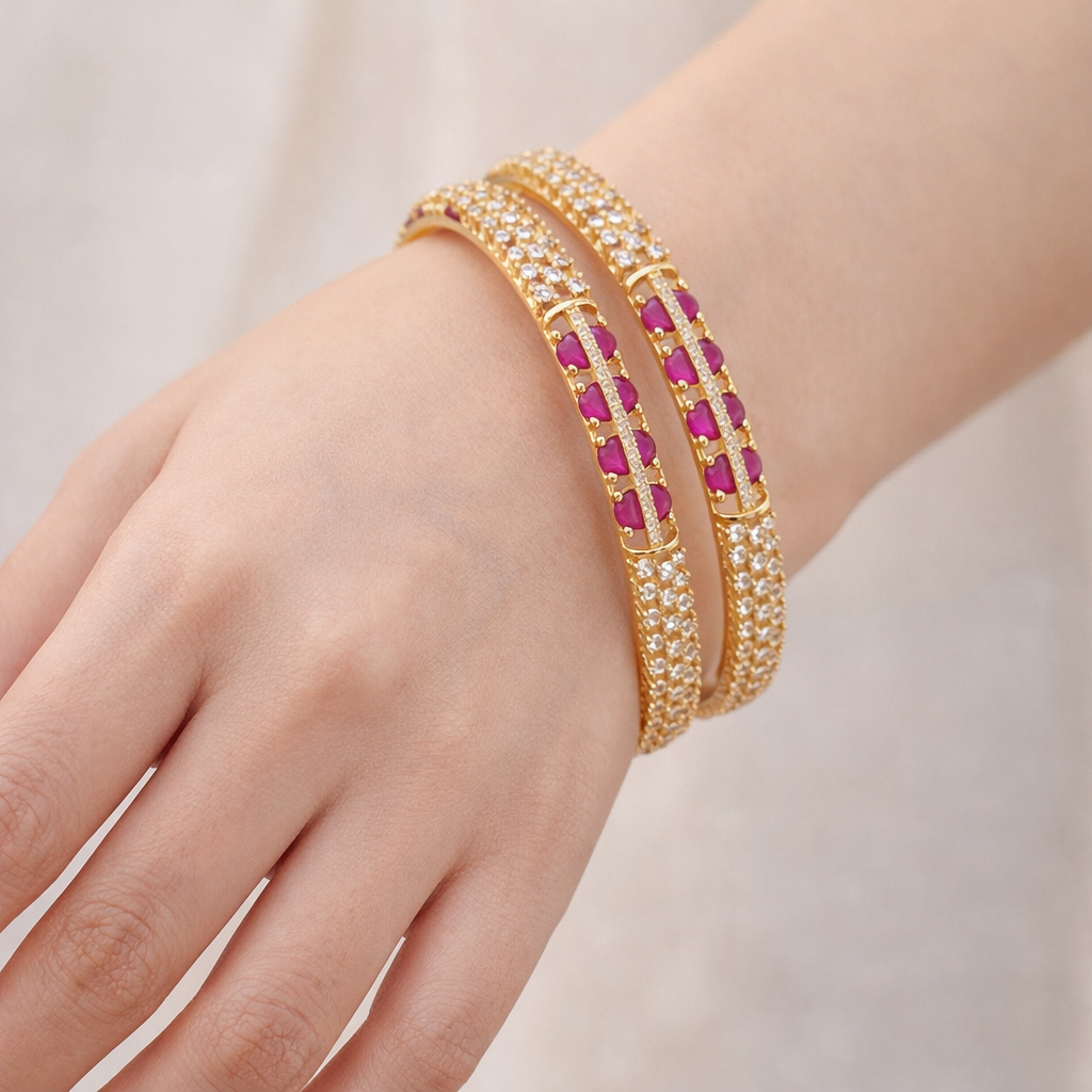 Orna Gold-Plated Sparkling Ruby Stone AD Bangles for Women
