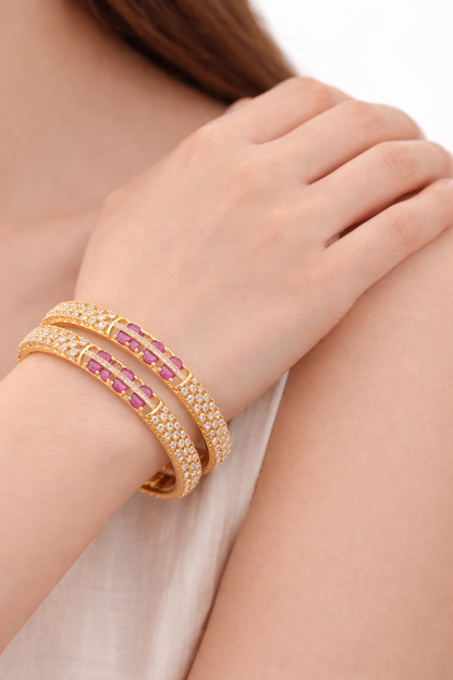 Orna Gold-Plated Sparkling Ruby Stone AD Bangles for Women