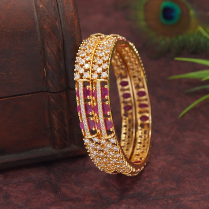 Orna Gold-Plated Sparkling Ruby Stone AD Bangles for Women
