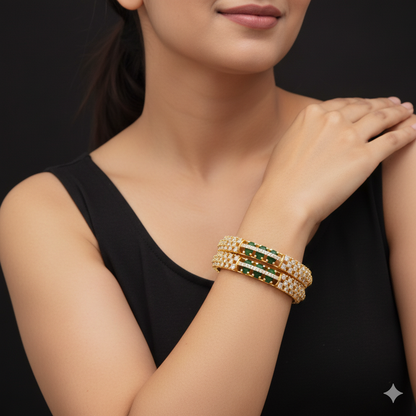 Orna Gold-Plated Sparkling Green Stone AD Bangles for Women