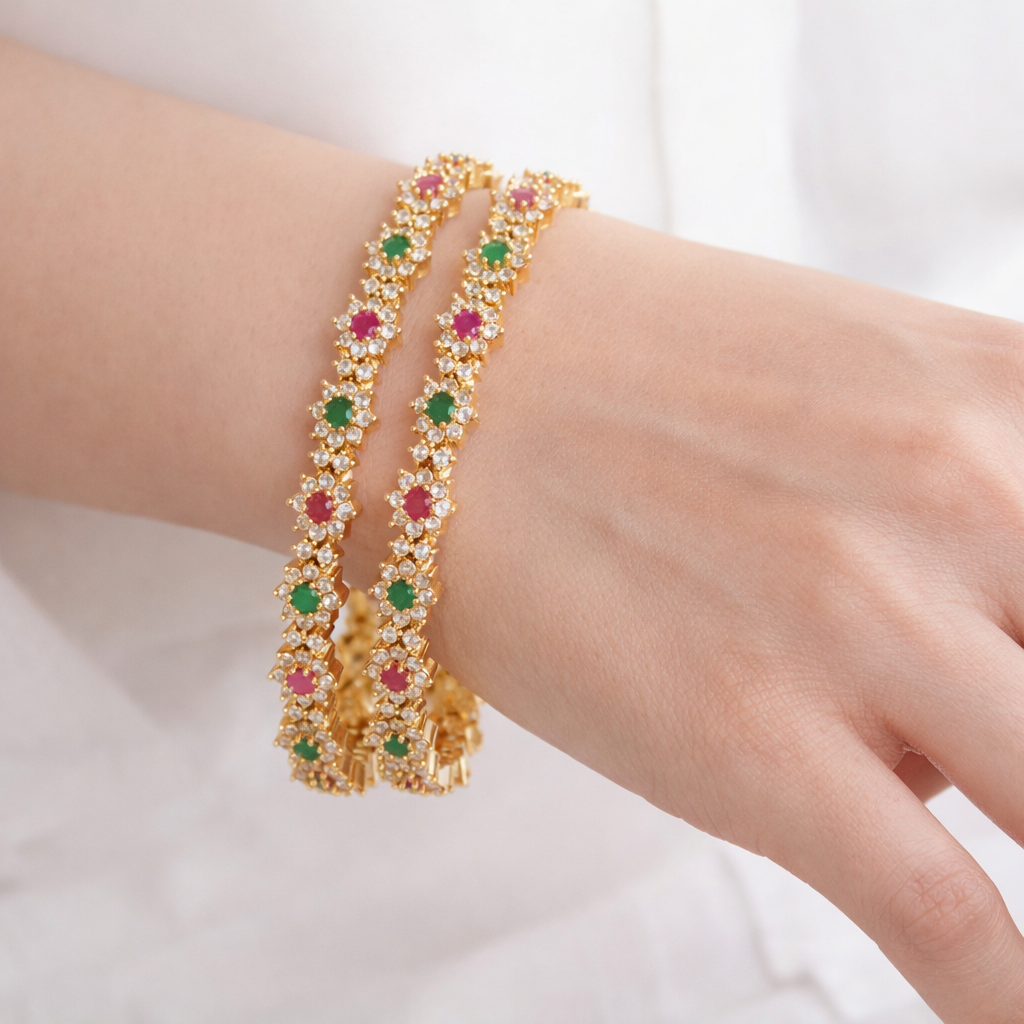 Orna Gold-Plated Floral Stone-Studded Bangle Set with Ruby & Emerald Accents