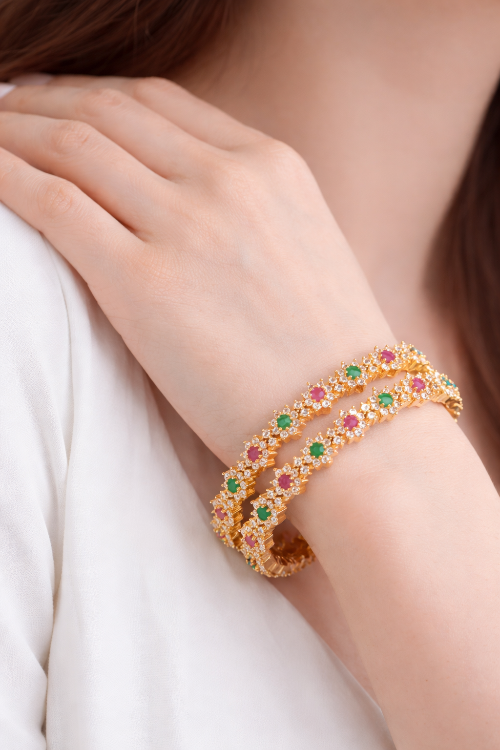 Orna Gold-Plated Floral Stone-Studded Bangle Set with Ruby & Emerald Accents
