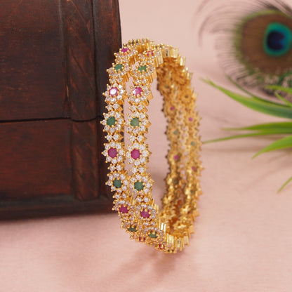 Orna Gold-Plated Floral Stone-Studded Bangle Set with Ruby & Emerald Accents