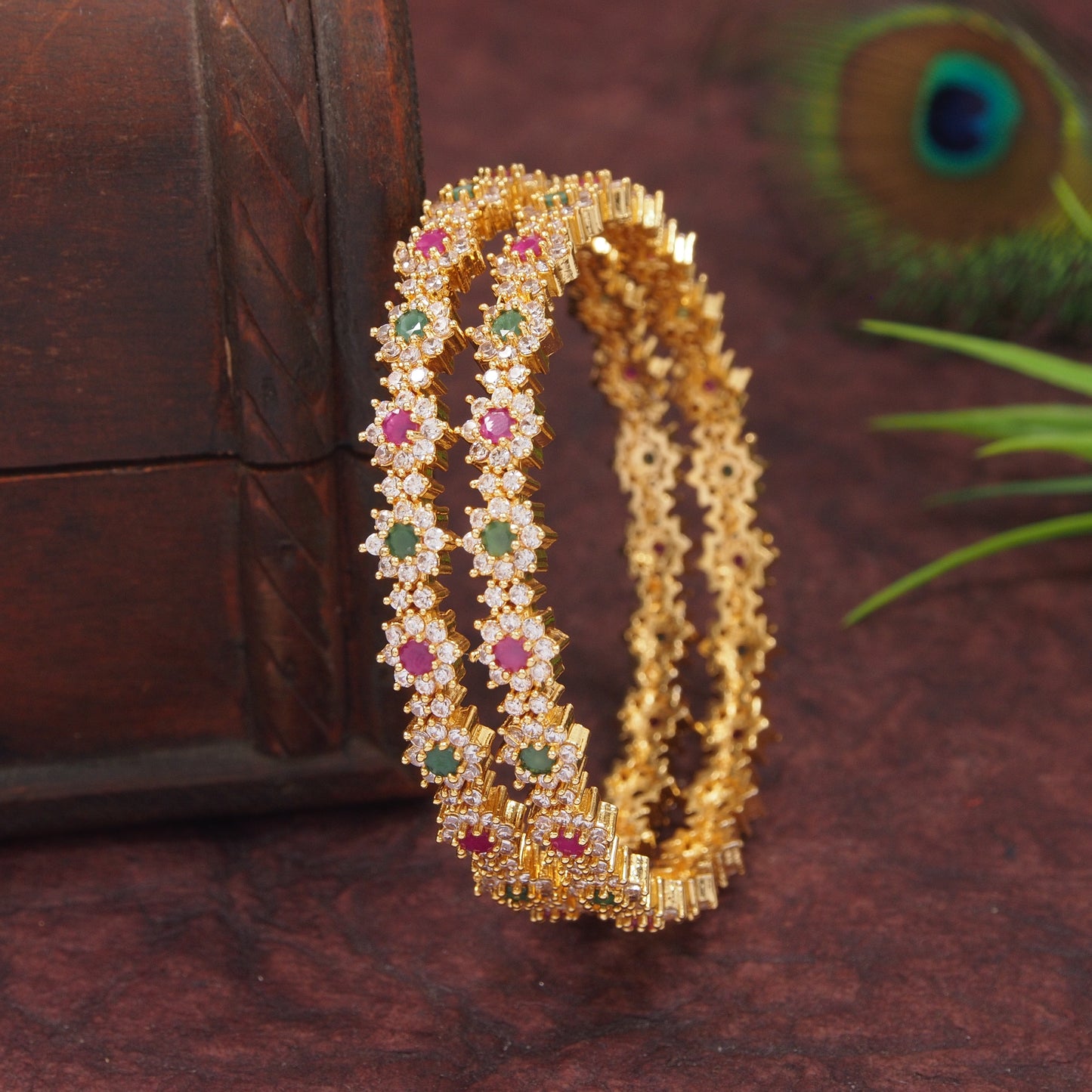 Orna Gold-Plated Floral Stone-Studded Bangle Set with Ruby & Emerald Accents