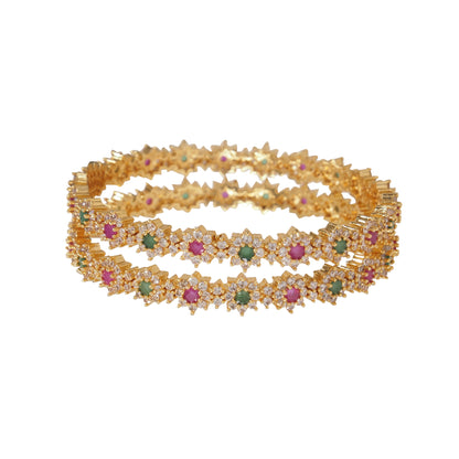 Orna Gold-Plated Floral Stone-Studded Bangle Set with Ruby & Emerald Accents