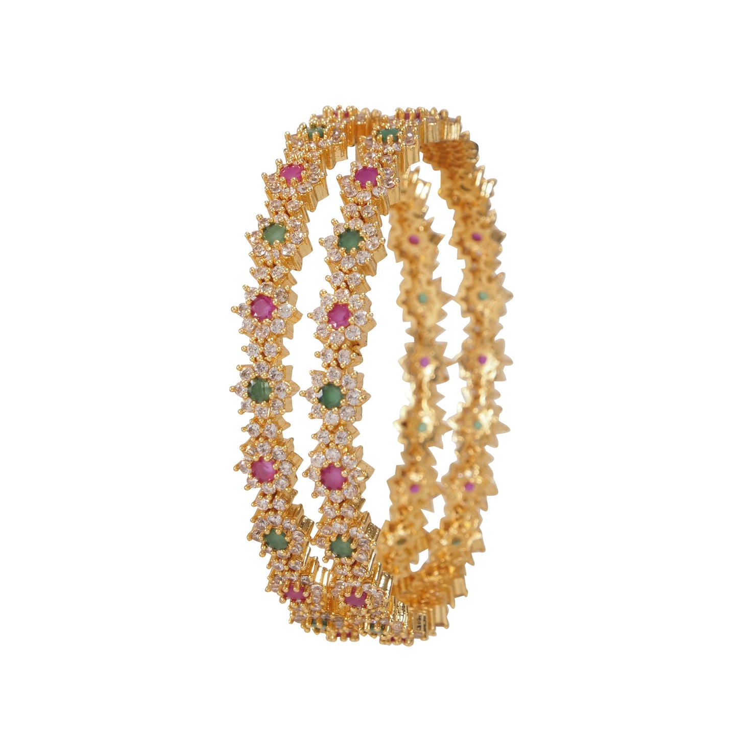 Orna Gold-Plated Floral Stone-Studded Bangle Set with Ruby & Emerald Accents
