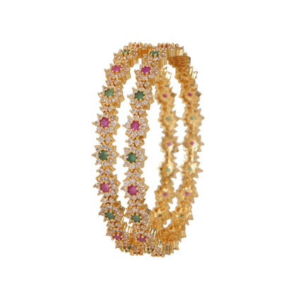 Orna Gold-Plated Floral Stone-Studded Bangle Set with Ruby & Emerald Accents