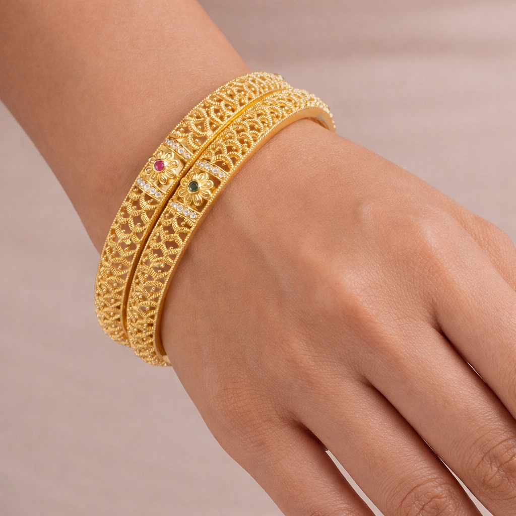 Orna Traditional Antique Gold-Plated Temple Design Bangles with Ruby & Green Stones for Women
