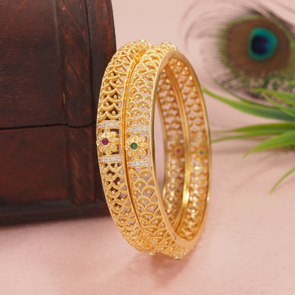 Orna Traditional Antique Gold-Plated Temple Design Bangles with Ruby & Green Stones for Women