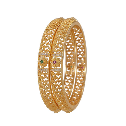 Orna Traditional Antique Gold-Plated Temple Design Bangles with Ruby & Green Stones for Women