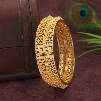 Orna Traditional Antique Gold-Plated Temple Design Bangles with Ruby & Green Stones for Women