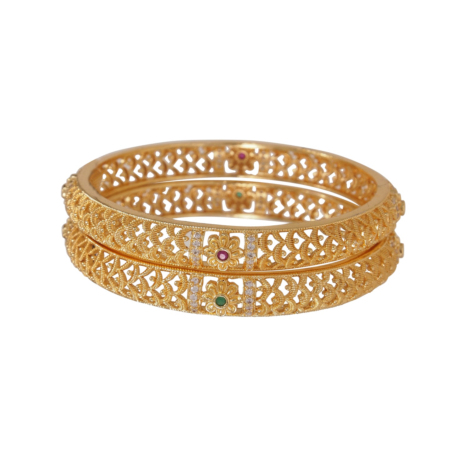 Orna Traditional Antique Gold-Plated Temple Design Bangles with Ruby & Green Stones for Women