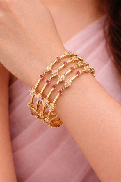 Orna Gold-Plated Ruby & Emerald Floral Stone Bangle Set