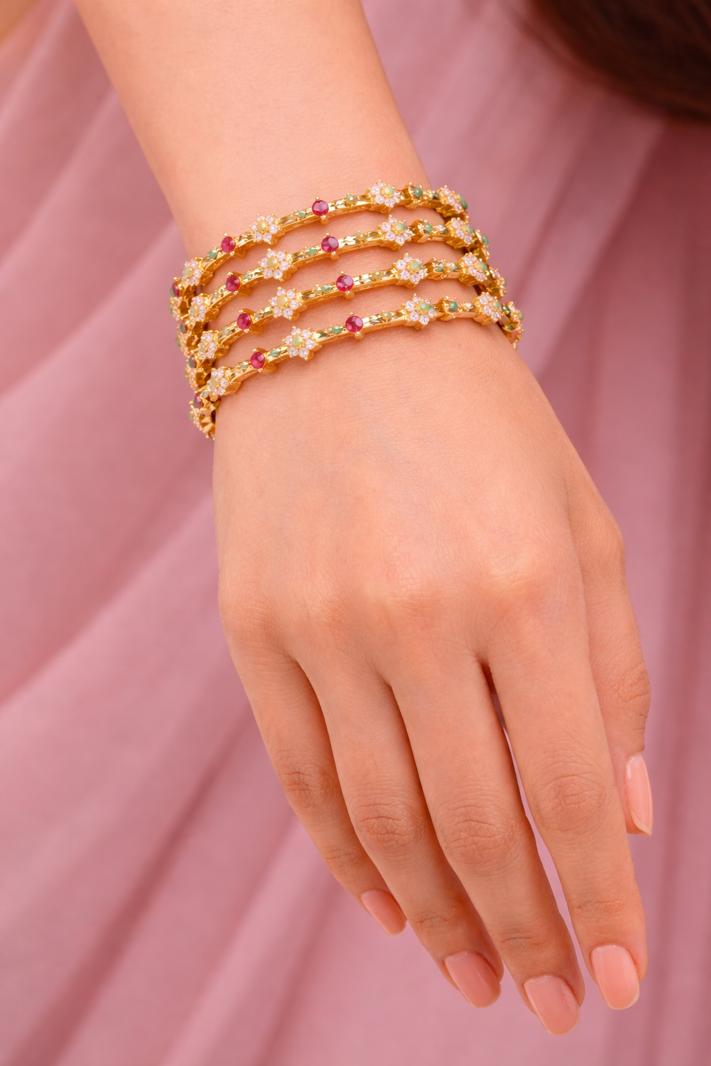 Orna Gold-Plated Ruby & Emerald Floral Stone Bangle Set