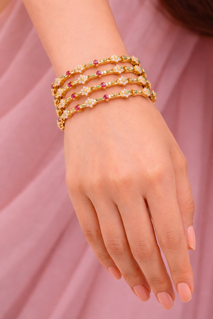 Orna Gold-Plated Ruby & Emerald Floral Stone Bangle Set