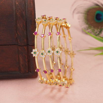 Orna Gold-Plated Ruby & Emerald Floral Stone Bangle Set