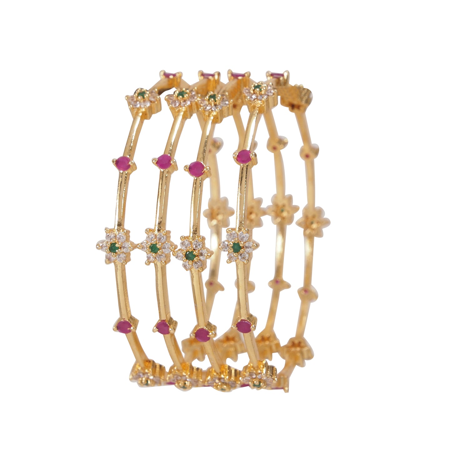 Orna Gold-Plated Ruby & Emerald Floral Stone Bangle Set