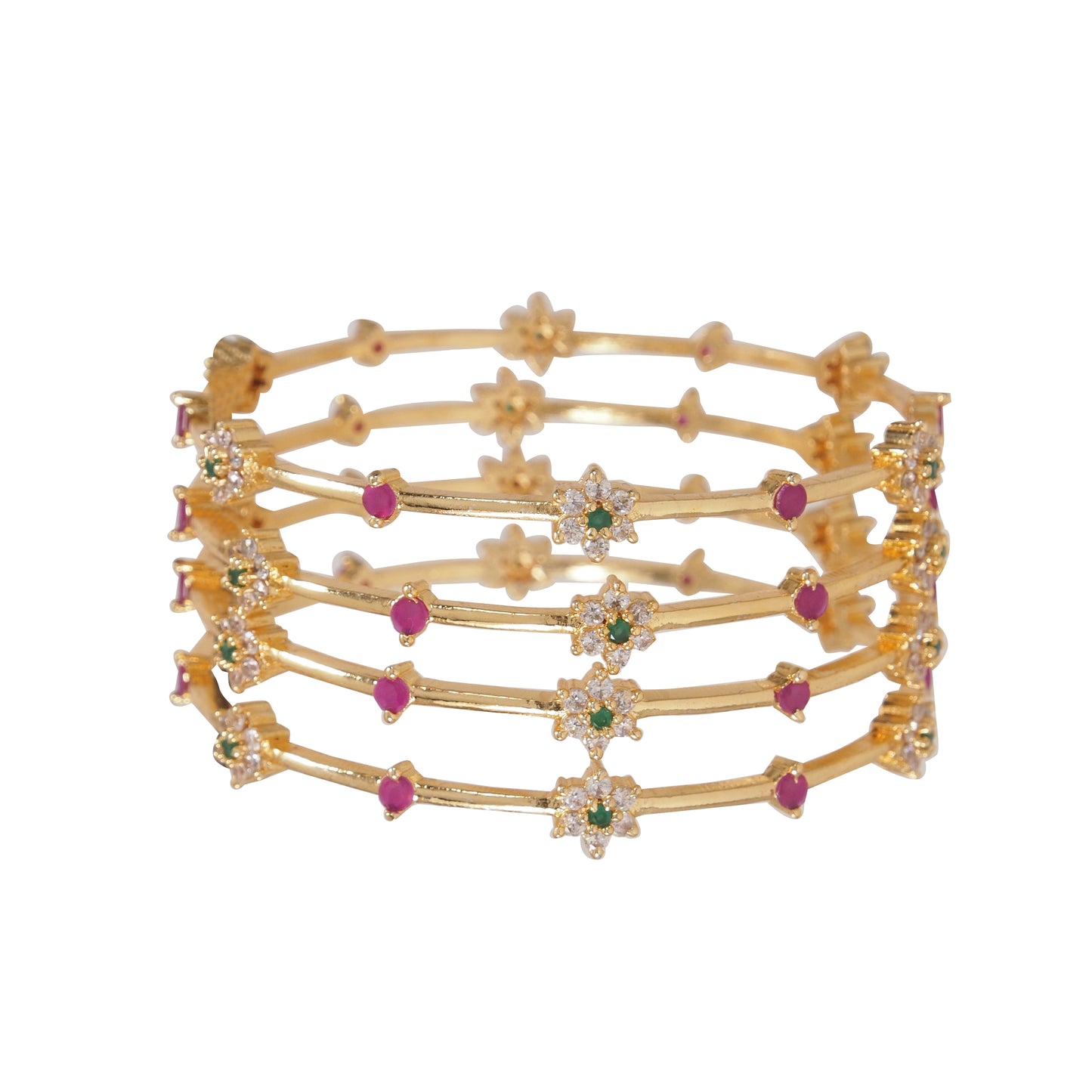 Orna Gold-Plated Ruby & Emerald Floral Stone Bangle Set