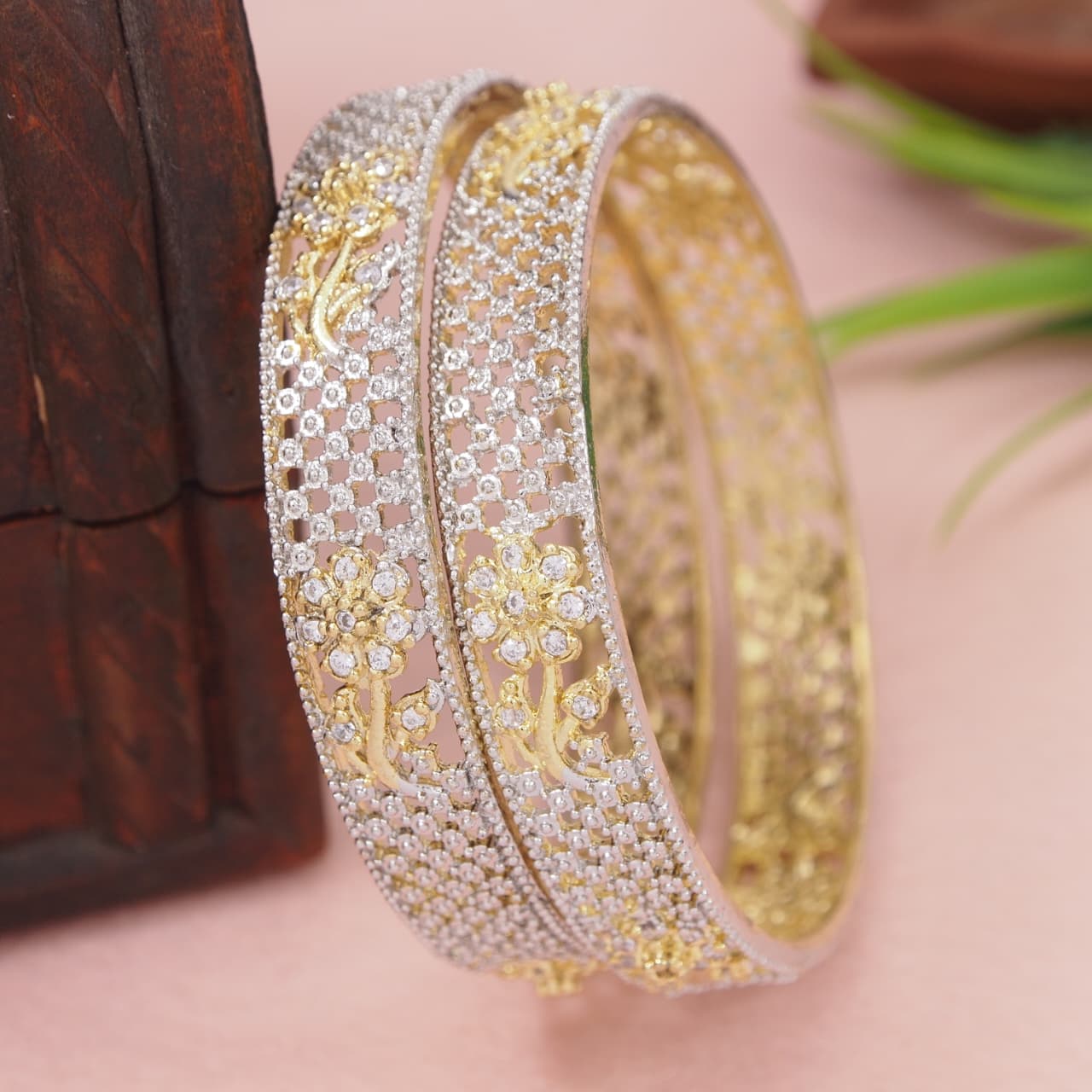 Orna Designer Ganga Jamna two Tone AD Stone Bangles – Elegant Party Wear Jewellery
