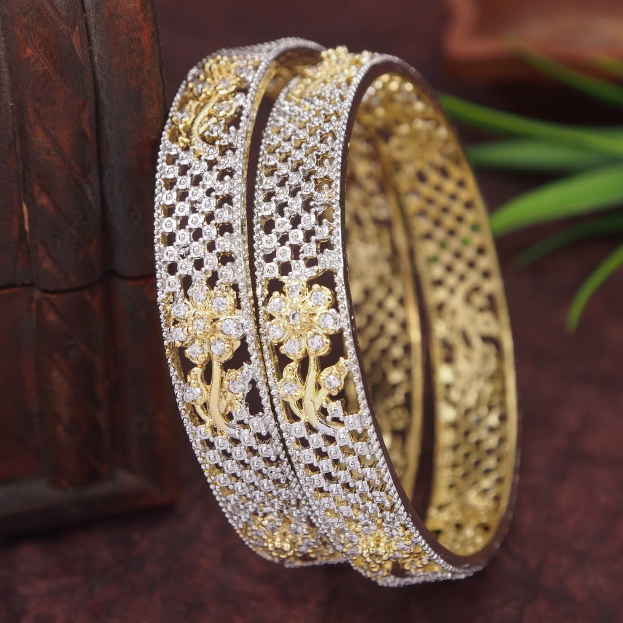 Orna Designer Ganga Jamna two Tone AD Stone Bangles – Elegant Party Wear Jewellery