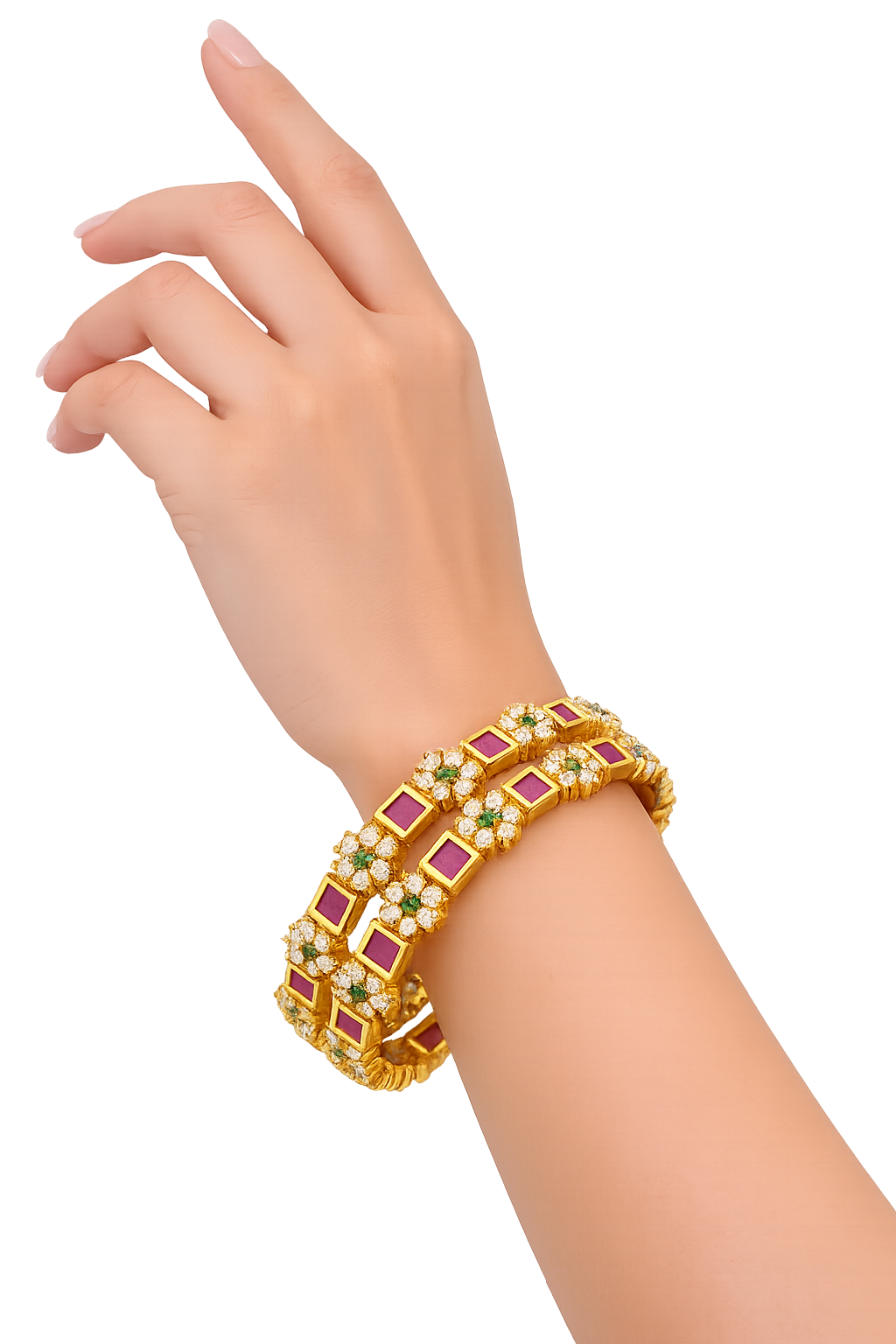 Orna Gold-Plated Floral Design Bangles with Ruby and Green Stone Embellishments - Set of 2