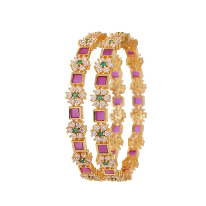 Orna Gold-Plated Floral Design Bangles with Ruby and Green Stone Embellishments - Set of 2